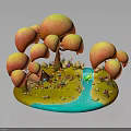 Vibrant Natural Scene With Orange Yellow Trees Small Cottage Blue Stream And Green Grassland