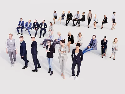Group of People in Business Attire With Various Poses on White Background 3d model