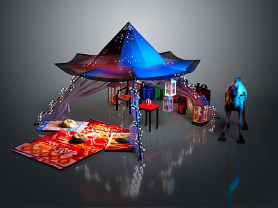 Cartoon Scene With Colorful Tent String Lights Table Chairs Rug And Camel 3d model