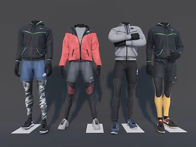 Human Mannequins Standing On Platforms Displaying Sportswear Jackets Pants And Shoes 3d model