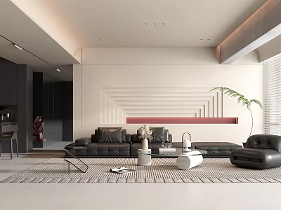 Modern Living Dining Room Interior With Black Leather Sofa Area Rug And Coffee Table 3d model