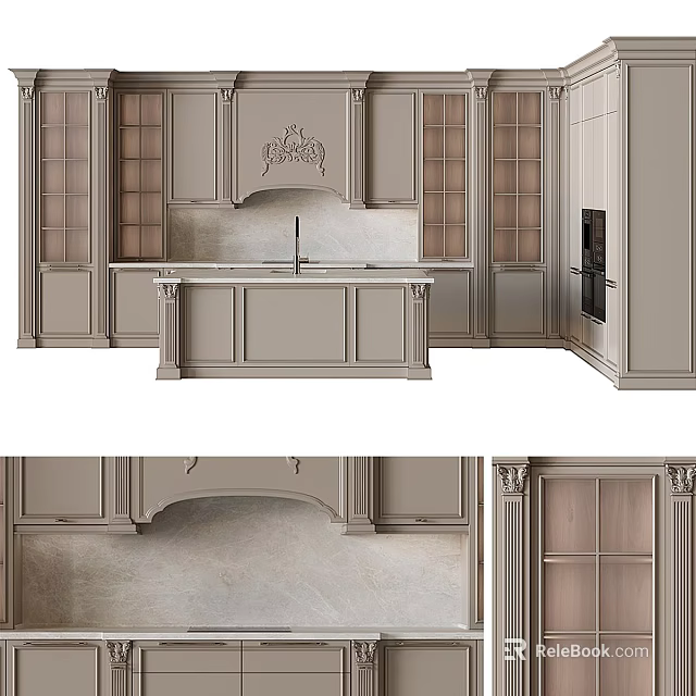 Elegant Modern Kitchen Cabinets With Glazed Doors And Stone Island Countertop 3d model 