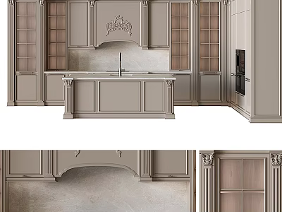 Elegant Modern Kitchen Cabinets With Glazed Doors And Stone Island Countertop 3d model