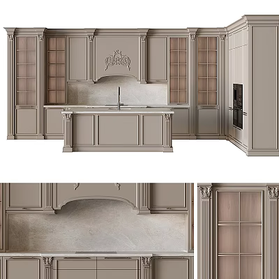 Elegant Modern Kitchen Cabinets With Glazed Doors And Stone Island Countertop 3d model