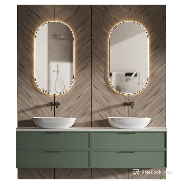 Modern Green Bathroom Vanity With Double Sinks Backlit Oval Mirrors On Wooden Wall Panels 3d model 