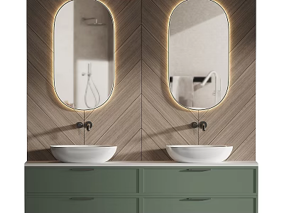 Modern Green Bathroom Vanity With Double Sinks Backlit Oval Mirrors On Wooden Wall Panels 3d model
