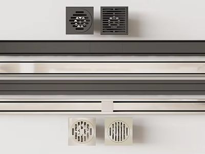 Modern Bathroom Accessories Featuring Black Vent Grilles And White Drain Covers 3d model