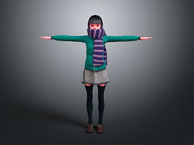 3D Character Model With Green Top Purple Striped Scarf Gray Skirt Black Stockings Arms Outstretched 3d model