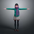 3D Character Model With Green Top Purple Striped Scarf Gray Skirt Black Stockings Arms Outstretched