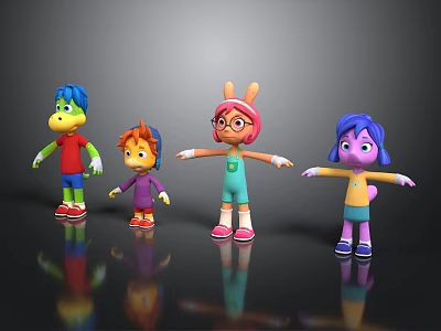 Colorful Cartoon Characters And Animal Creatures With Bunny Ears Glasses Different Hairstyles And Bright Outfits 3d model