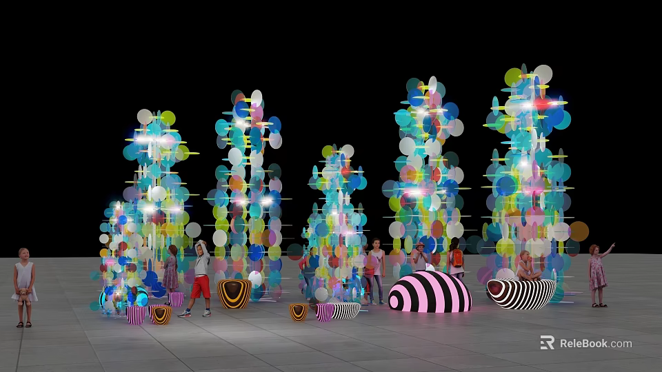 Vibrant Art Installation With Colorful Circular Elements Illuminated Towering Structures And Striped Sculptures 3d model