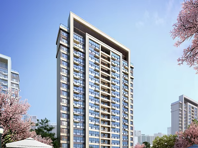 Modern High Rise Residential Building With Balconies Windows And Cherry Blossom Trees 3d model