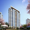 Modern High Rise Residential Building With Balconies Windows And Cherry Blossom Trees