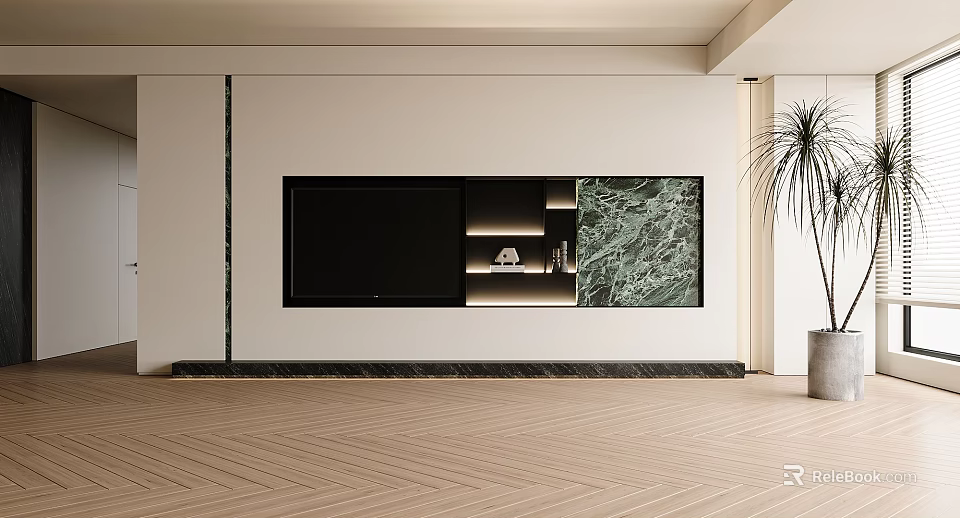 Modern TV Background Wall With Built in Shelves Lighting And Decor 3d model