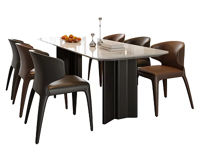 Modern Dining Table Set With Marble Top Black Legs Brown Leather Chairs And Fruit Platter 3d model