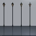 Four Black Illuminated Street Lamps Standing On Smooth Floor With White Wall Background