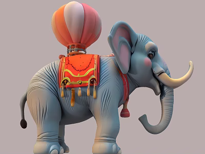 Cute Blue Gray Elephant Figurine With Hot Air Balloon And Decorative Tasseled Blanket 3d model
