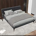 Cozy Double Bed With Dark Headboard Gray Pillows And Sea View Through Large Window 3d model