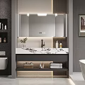 Modern Bathroom Vanity With LED Mirror Marble Countertop Storage Shelves Towels And Toiletries