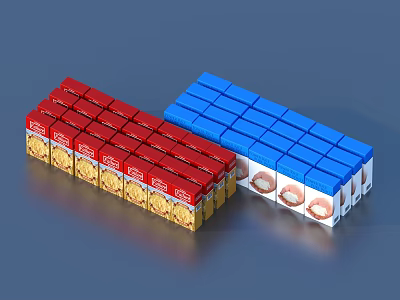Daily Living Products With Red And Blue Stacked Box Packaging Design 3d model