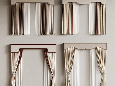 Elegant Curtain Styles With Valance Top Beige Brown White Fabric Panels 3d model