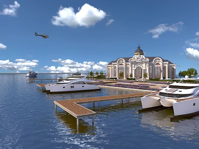 Scenic Waterfront Landscape With Luxury Yachts Wooden Dock Domed Building And Seaplane In Cloudy Sky 3d model