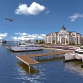 Scenic Waterfront Landscape With Luxury Yachts Wooden Dock Domed Building And Seaplane In Cloudy Sky