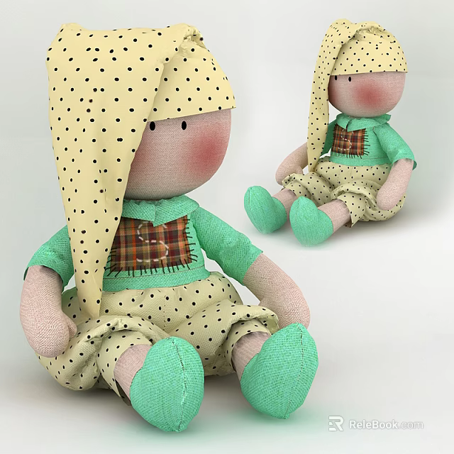 Adorable Stuffed Doll With Yellow Polka Dot Hat Green Outfit Pants And Plaid Detail 3d model 