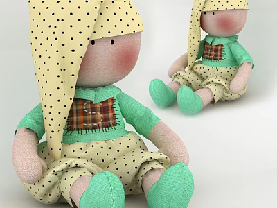 Adorable Stuffed Doll With Yellow Polka Dot Hat Green Outfit Pants And Plaid Detail 3d model
