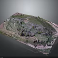 3D Hilly Terrain Model With Green Vegetation Rocky Areas Paths And Small Buildings