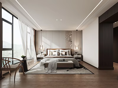 Modern Bedroom Interior With Large Windows White Curtains Wooden Flooring And Bed With Nightstands 3d model