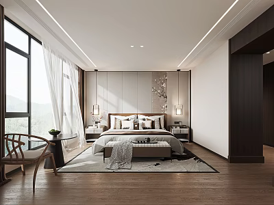 Modern Bedroom Interior With Large Windows White Curtains Wooden Flooring And Bed With Nightstands 3d model