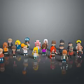 Group of Cartoon Characters 3D Models With Various Hairstyles And Colorful Outfits