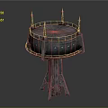Stone Water Tower Building With Round Top Platform Spires And Illuminated Windows 3d model