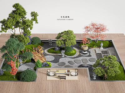 Japanese Style Courtyard Garden Design With Wooden Bridge Stone Paths And Red Maple Trees 3d model