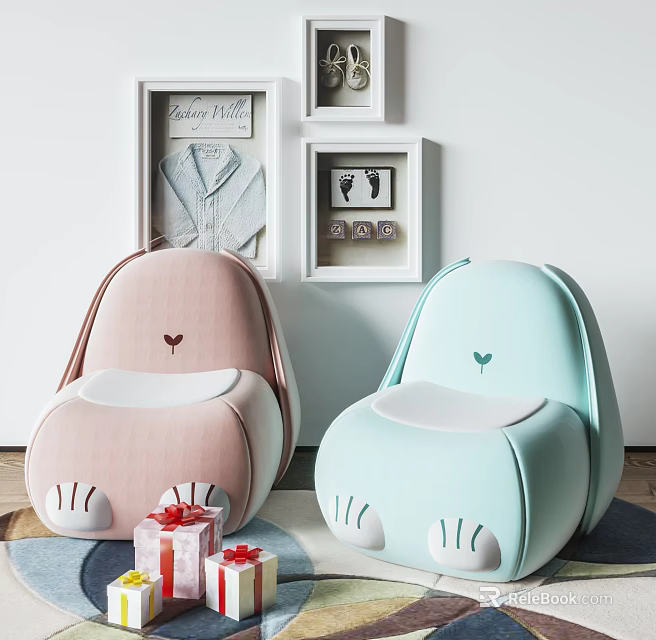 Adorable Rabbit Shaped Kids Chair in Pink and Light Blue with Paw Design for Nursery 3d model 