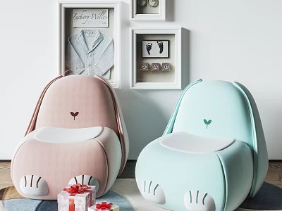 Adorable Rabbit Shaped Kids Chair in Pink and Light Blue with Paw Design for Nursery 3d model