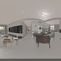 Modern Warm Tone Living And Dining Room With Leather Sofa And Full Wall Storage Cabinets