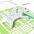 Modern Hospital Building Complex Design With Surrounding Green Spaces Water Channel And Roadways