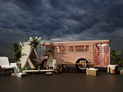 Pink Vintage Bus Setup With Plants Chair Table And Basket Under Dark Cloudy Sky 3d model