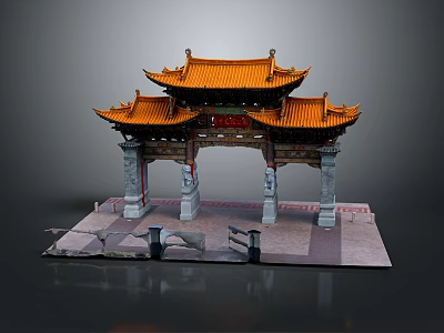 Traditional Chinese Ornamental Architectural Archway With Yellow Multi Eave Roof And Stone Pillars 3d model
