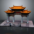 Traditional Chinese Ornamental Architectural Archway With Yellow Multi Eave Roof And Stone Pillars