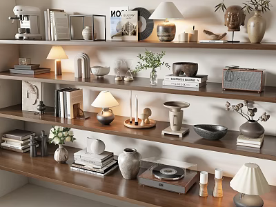 Stylish Decorative Ornament Set with Table Lamps Vases Books and Vinyl Records on Shelves 3d model