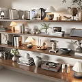 Stylish Decorative Ornament Set with Table Lamps Vases Books and Vinyl Records on Shelves