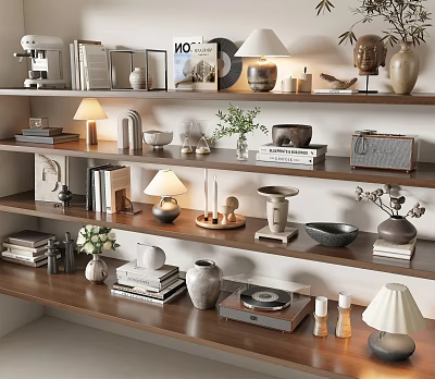 Stylish Decorative Ornament Set with Table Lamps Vases Books and Vinyl Records on Shelves 3d model