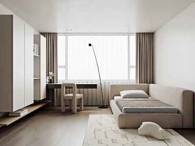 Modern Bedroom Interior With White Wardrobe Window Beige Sofa Bed Desk Chair And Rug 3d model