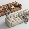 Brown And Beige Leather Double Sofa With Pillows And Gray Blanket 3d model