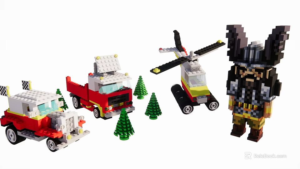 Building Blocks Set Featuring Fire Truck Helicopter Viking Figure And Small Pine Trees 3d model 