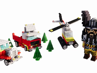 Building Blocks Set Featuring Fire Truck Helicopter Viking Figure And Small Pine Trees 3d model