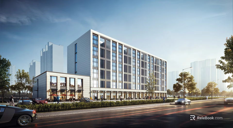Modern Multi Storey Office Building With Glass Curtain Wall Along Street With Cars And Trees 3d model 